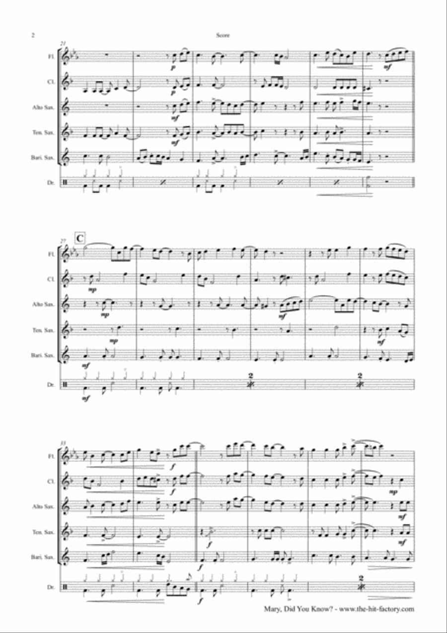 Mary, Did You Know? Saxophone Quintet scores gallery preview page 2