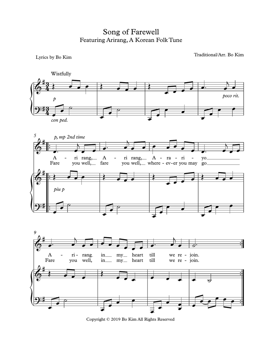 A Farewell Song (Based on Arirang (아리랑), a Korean Folk Tune) by Korean Folk Song 2-Part - Digital Sheet Music
