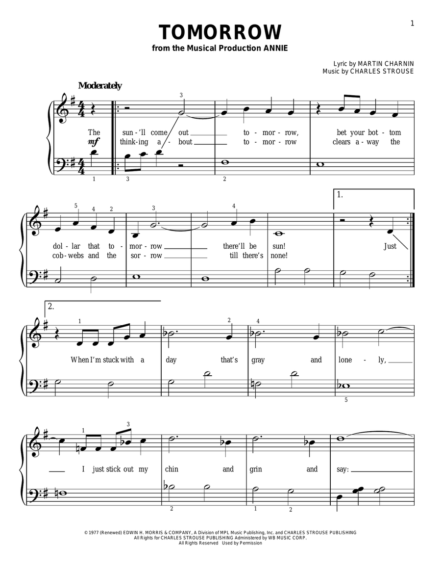 Tomorrow Easy Piano scores gallery preview page 1