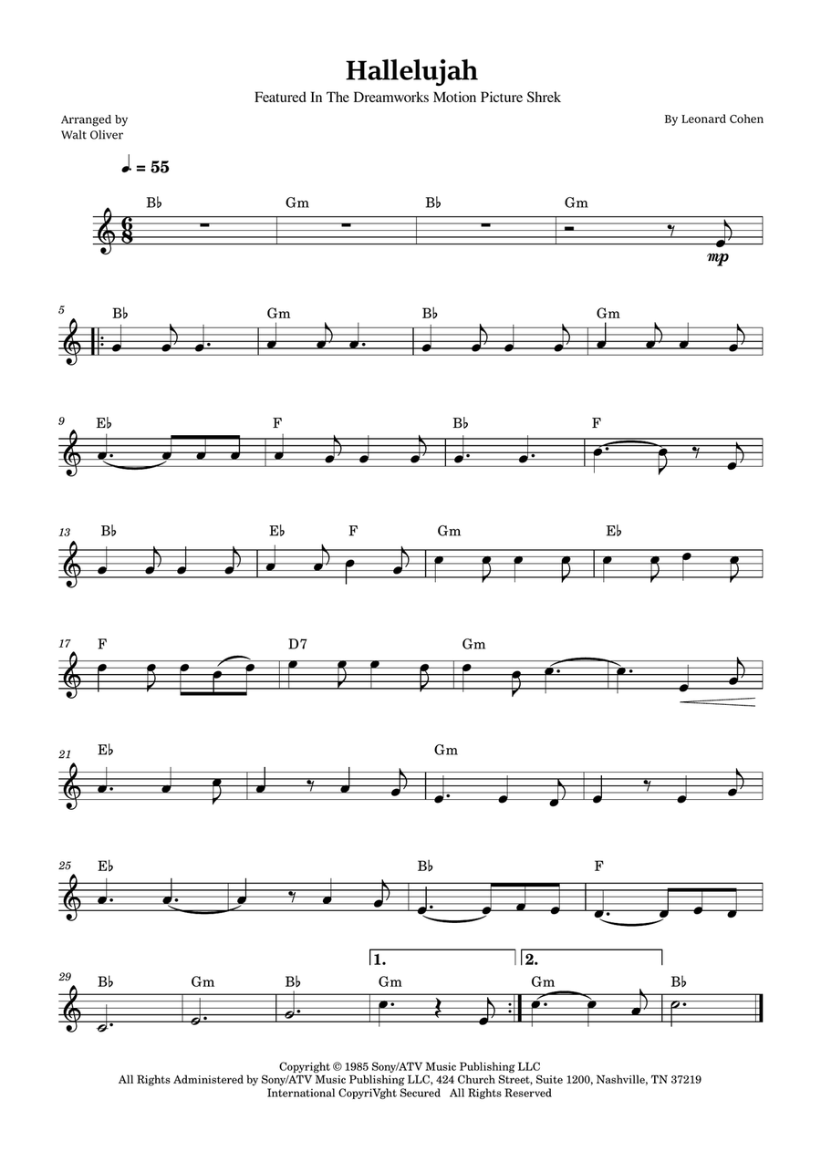 Hallelujah B-Flat Clarinet scores gallery preview page 1