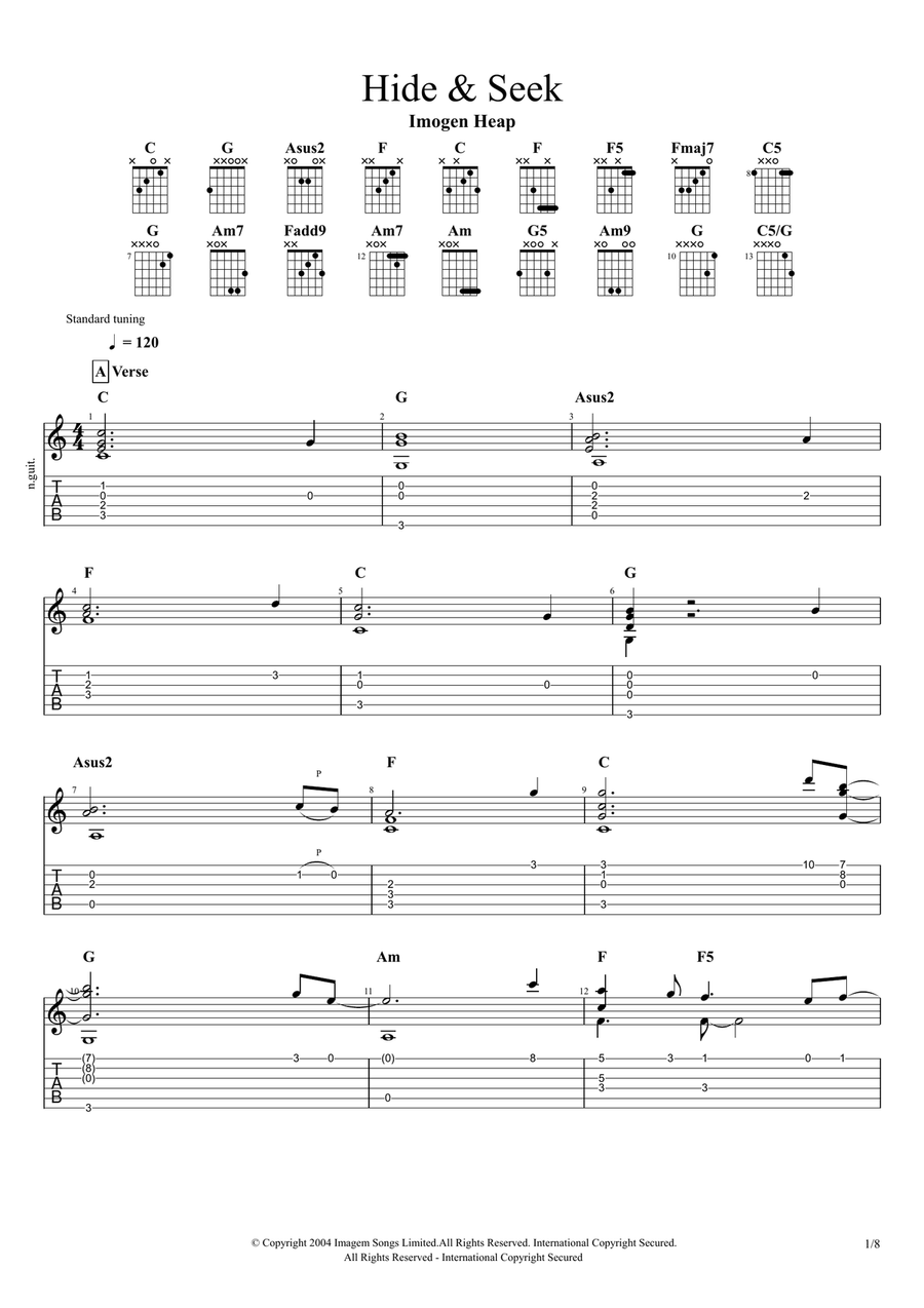 Hide And Seek Guitar Tablature scores gallery preview page 1