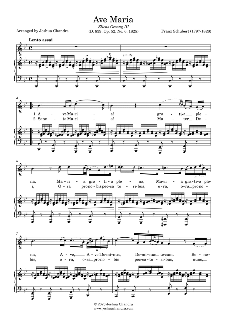 Ave Maria by Schubert (Piano & Voice Parts in Latin) Voice scores gallery preview page 1