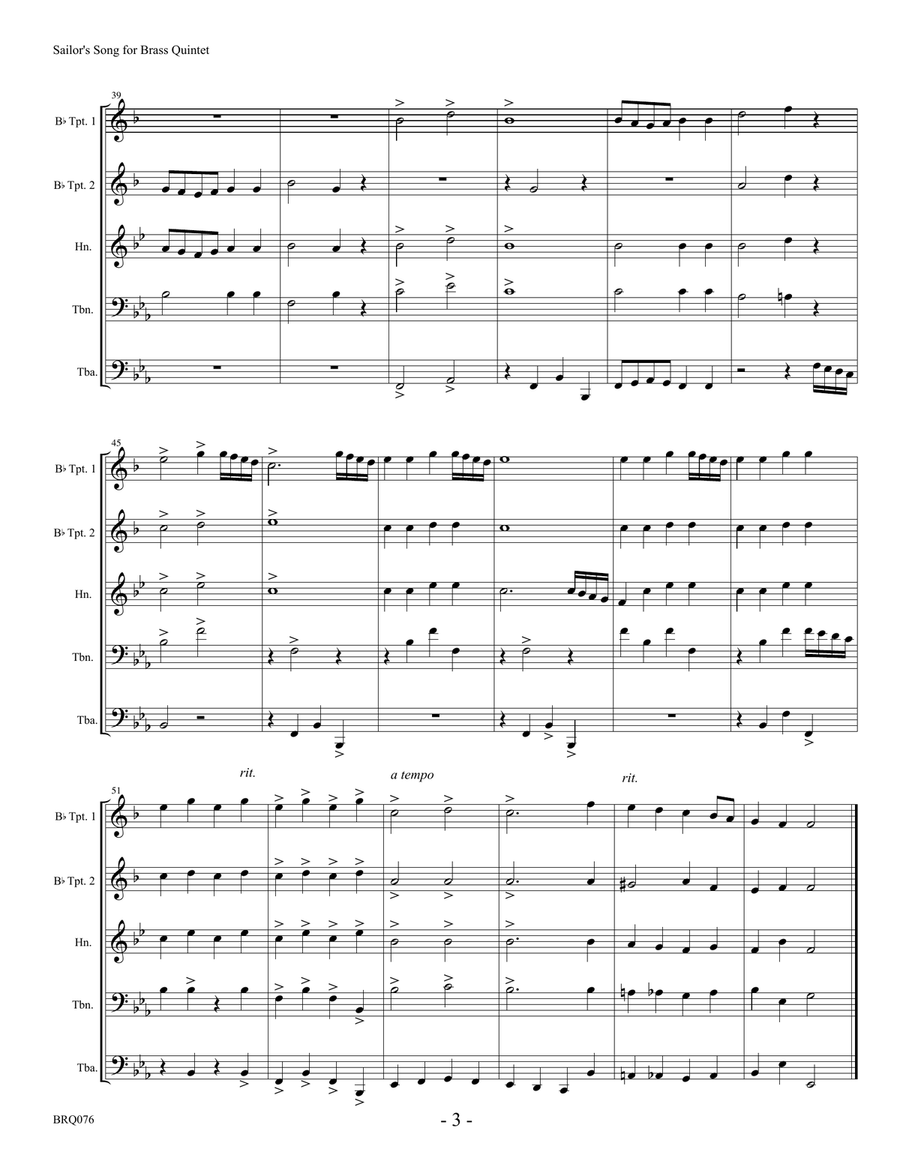 SAILORS SONG (Grieg) arranged for BRASS QUINTET Brass Quintet scores gallery preview page 3