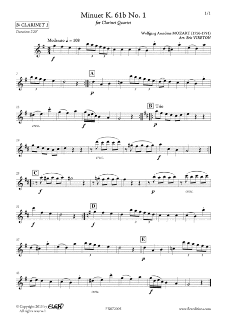Minuet K. 61b No. 1 Clarinet Quartet scores gallery preview page 4