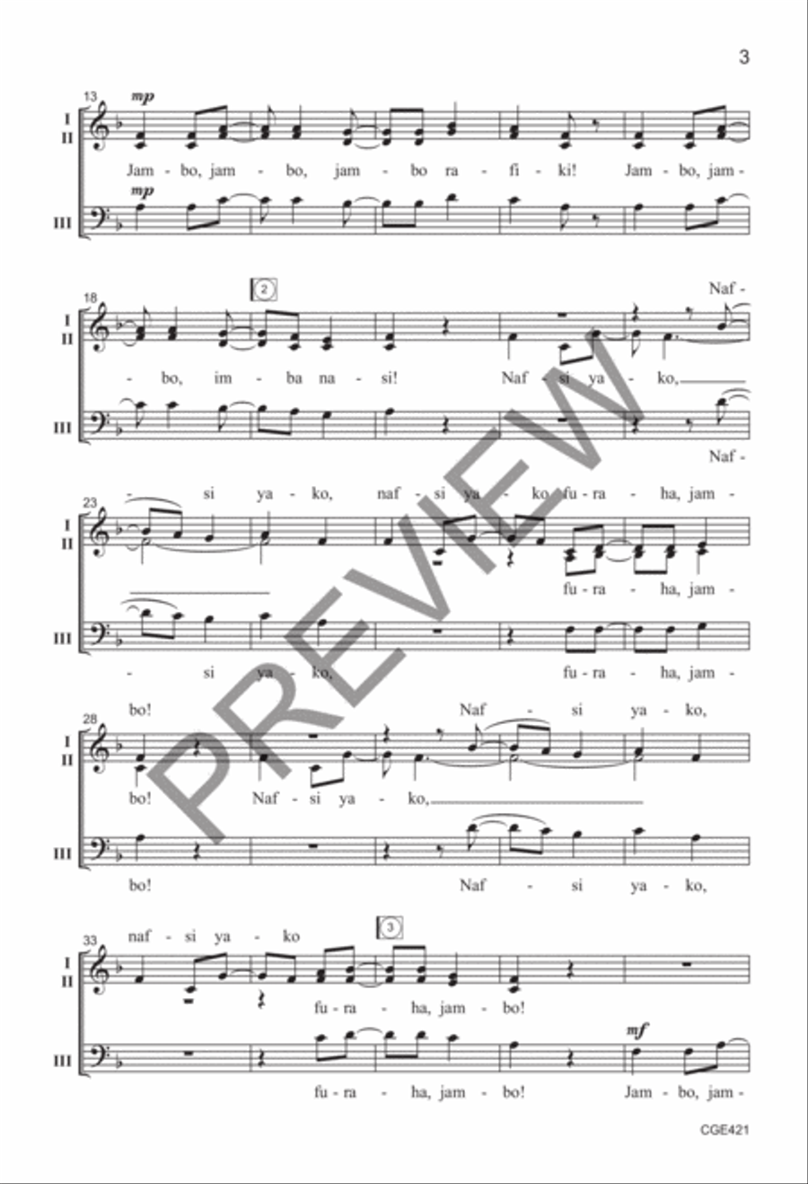 Jambo Rafiki! (Three-part Mixed with percussion) 3-Part scores gallery preview page 3