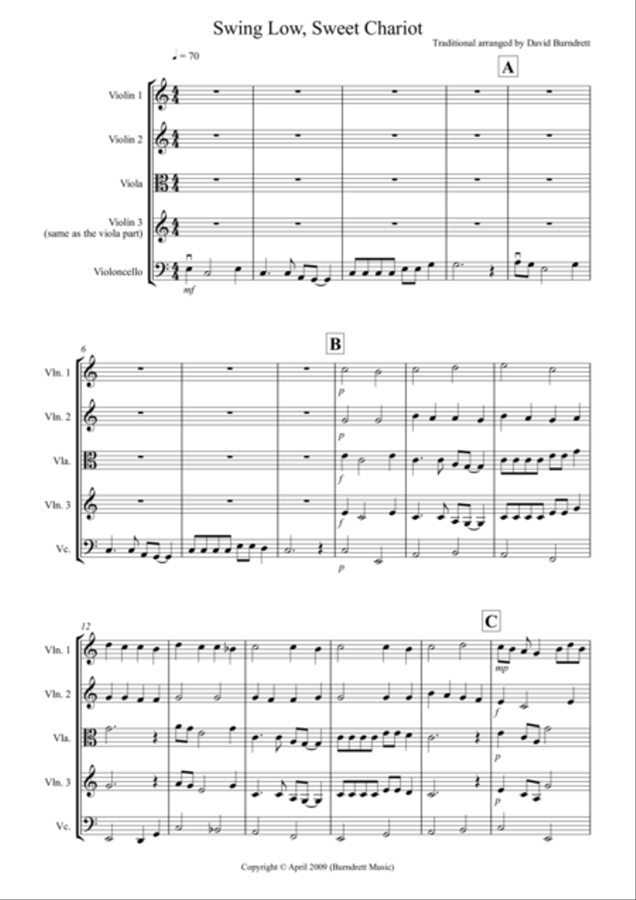 Swing Low, Sweet Chariot for String Quartet String Quartet scores gallery preview page 1