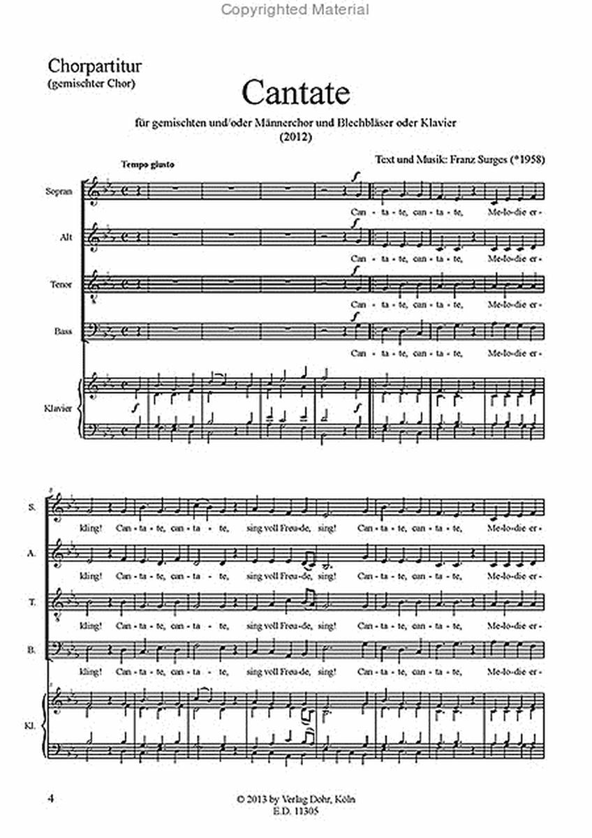 Cantate! für gemischten und/oder Männerchor und Blechbläser oder Klavier (2012)