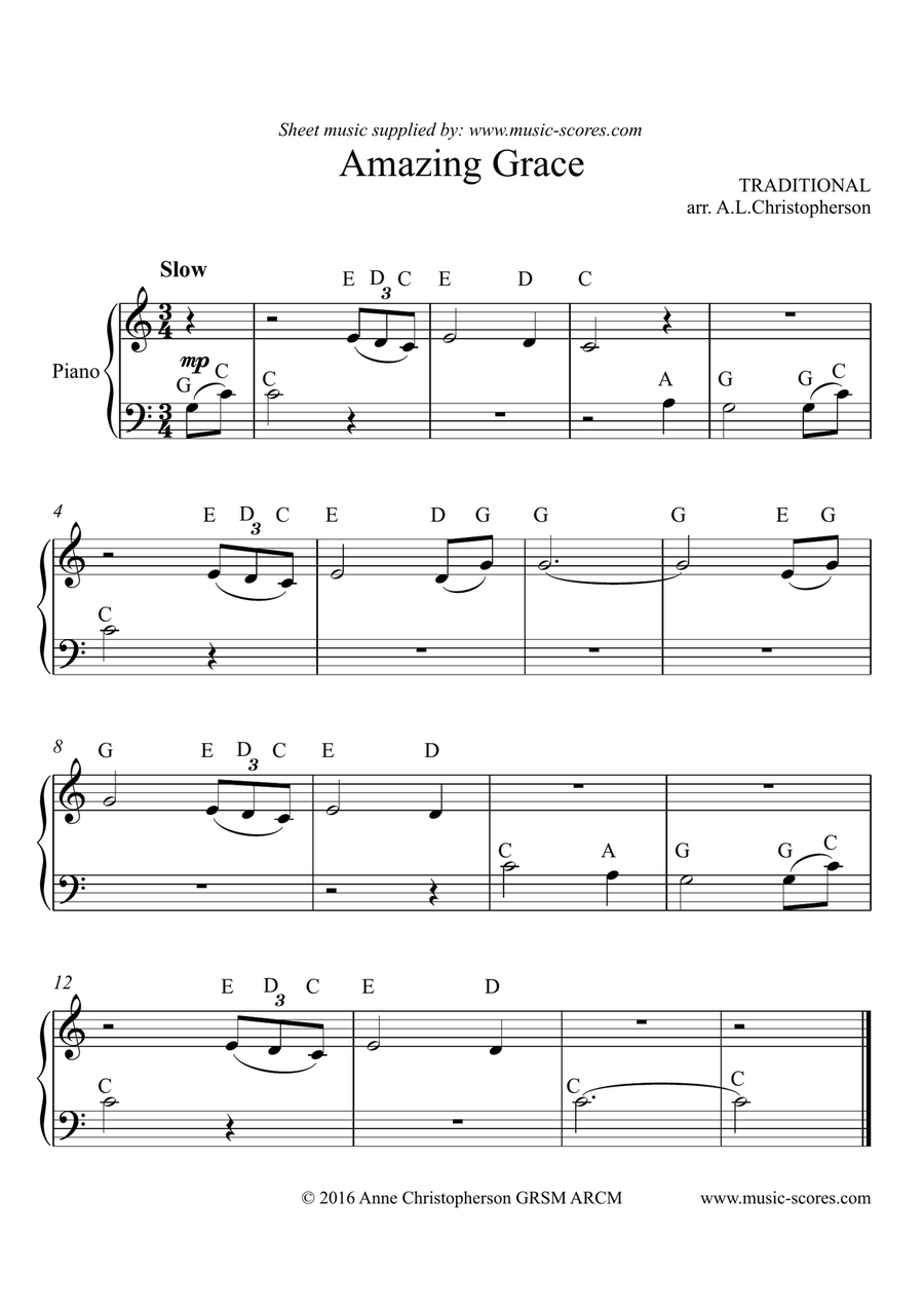 Amazing Grace - Easy Piano with note names Easy Piano scores gallery preview page 1