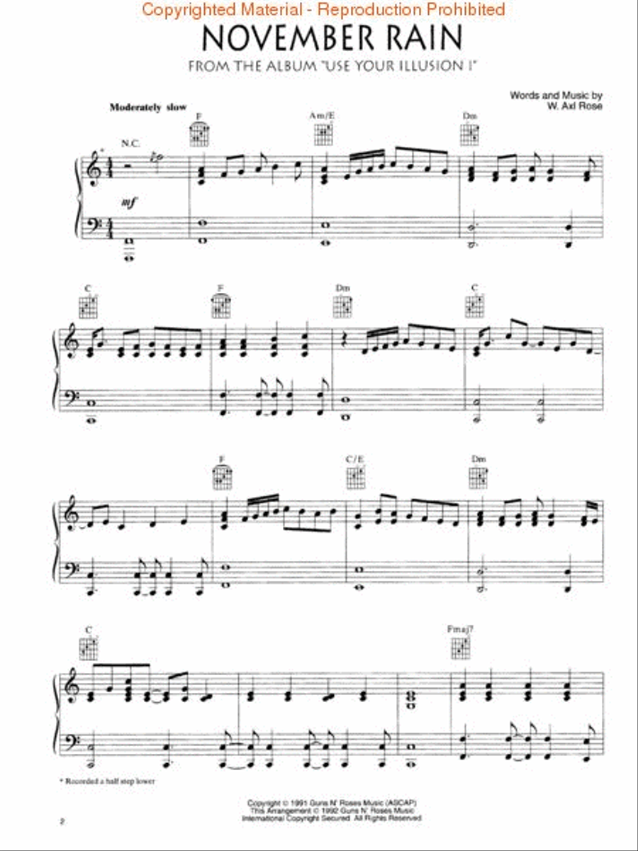 November Rain Piano, Vocal, Guitar scores gallery preview page 2