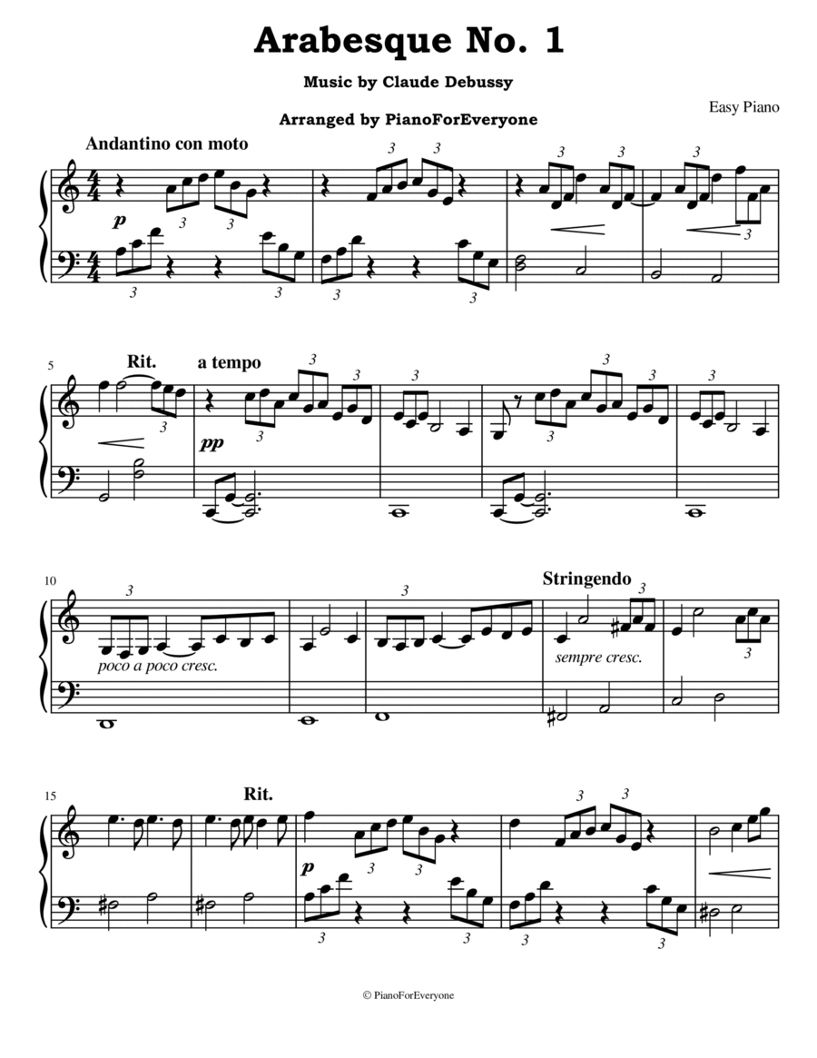 Arabesque No. 1 - Debussy (Easy Piano) Easy Piano scores gallery preview page 1