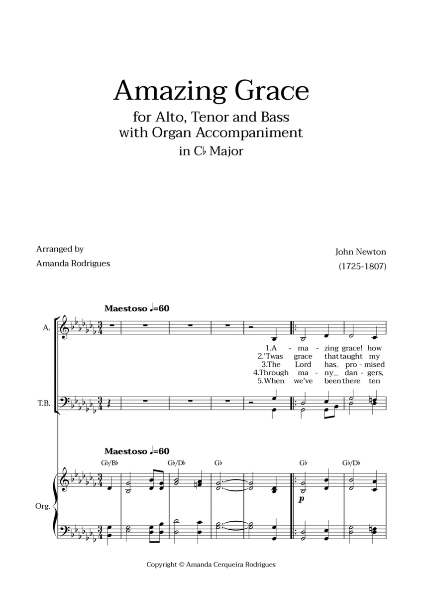 Amazing Grace in Cb Major - Alto, Tenor and Bass with Organ Accompaniment and Chords image number null