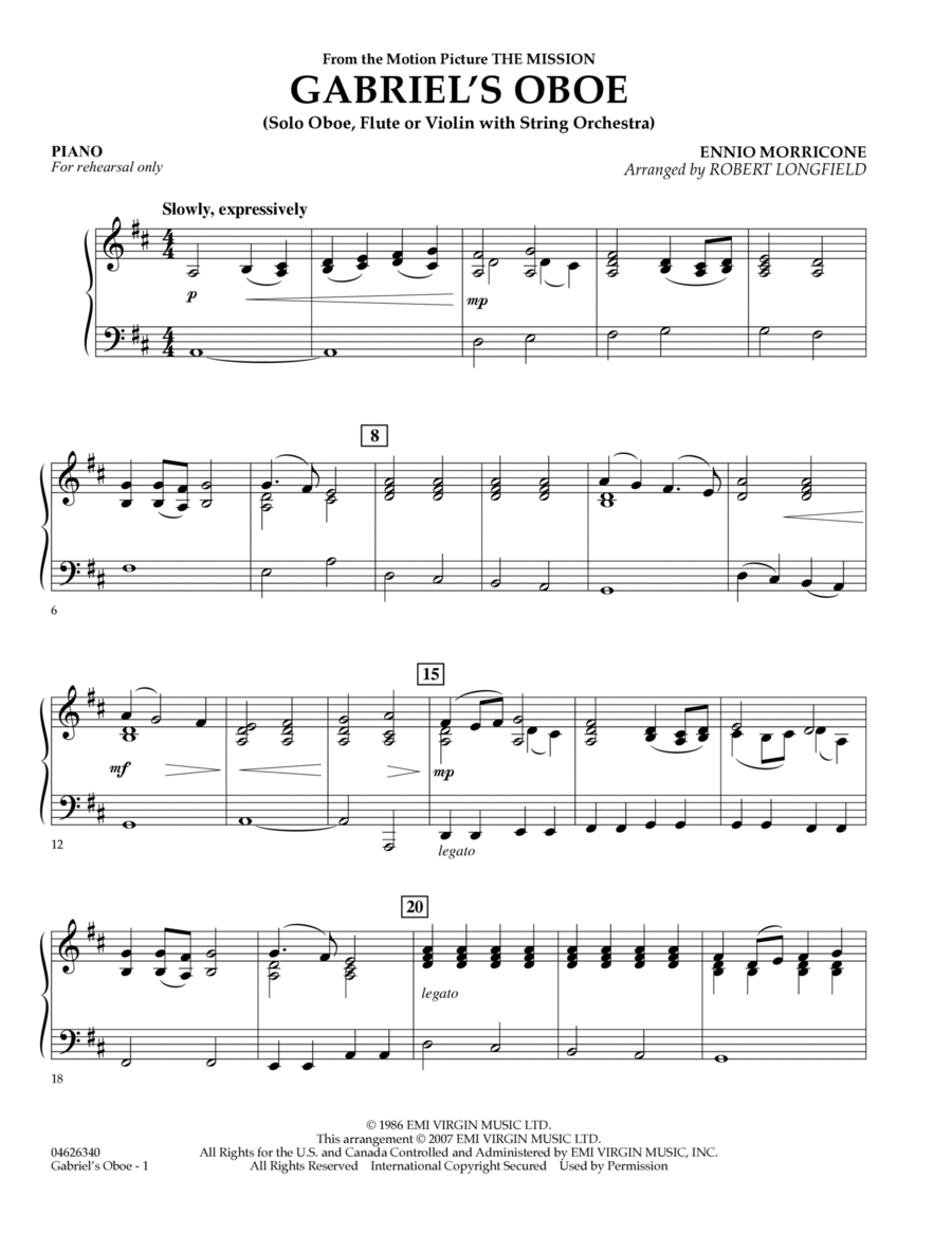 Gabriel's Oboe (from The Mission) - Piano Piano scores gallery preview page 1