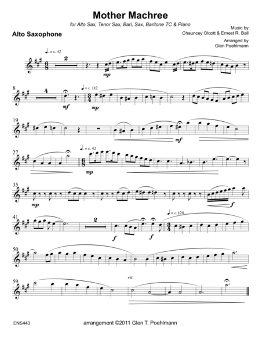 MOTHER MACHREE - Alto, Tenor & Baritone Saxes & Baritone TC or Trombone with Piano Accompaniment Small Ensemble scores gallery preview page 6