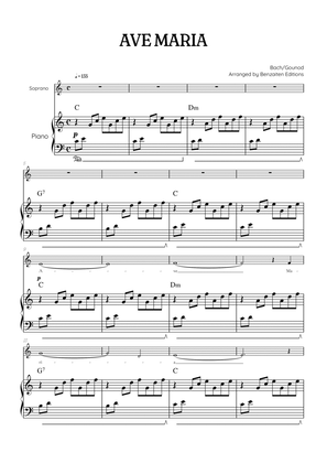 Bach / Gounod Ave Maria in C major • soprano sheet music with piano accompaniment and chords