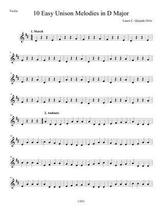 10 Easy Unison Melodies in D Major, for beginner level string orchestra. VIOLIN PART.