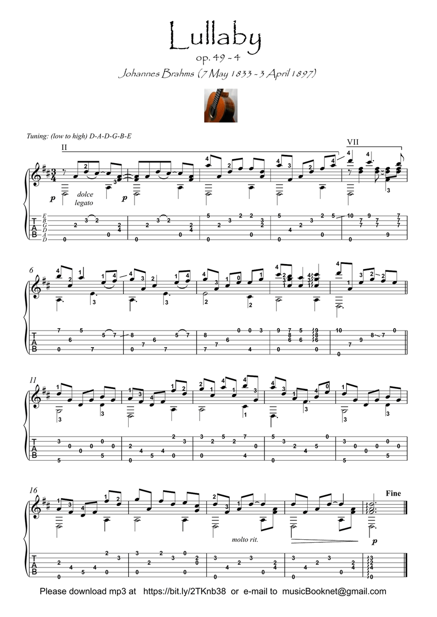 Lullaby by Brahms guitar solo Acoustic Guitar scores gallery preview page 1