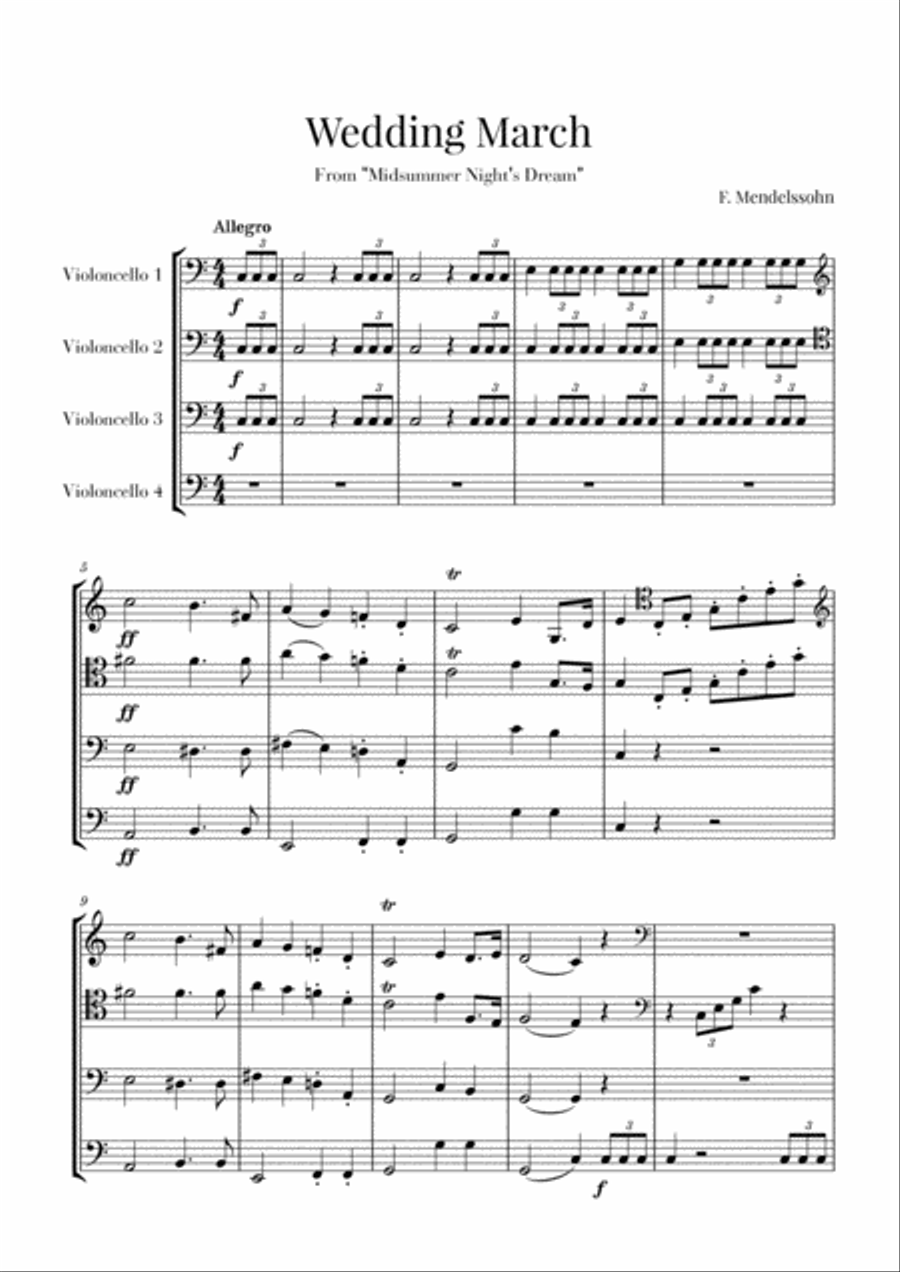 Wedding March for Cello Quartet - Mendelssohn String Quartet scores gallery preview page 1