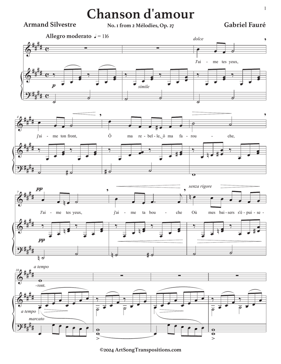 FAURÉ: Chanson d'amour, Op. 27 no. 1 (transposed to E major) Piano, Vocal scores gallery preview page 2
