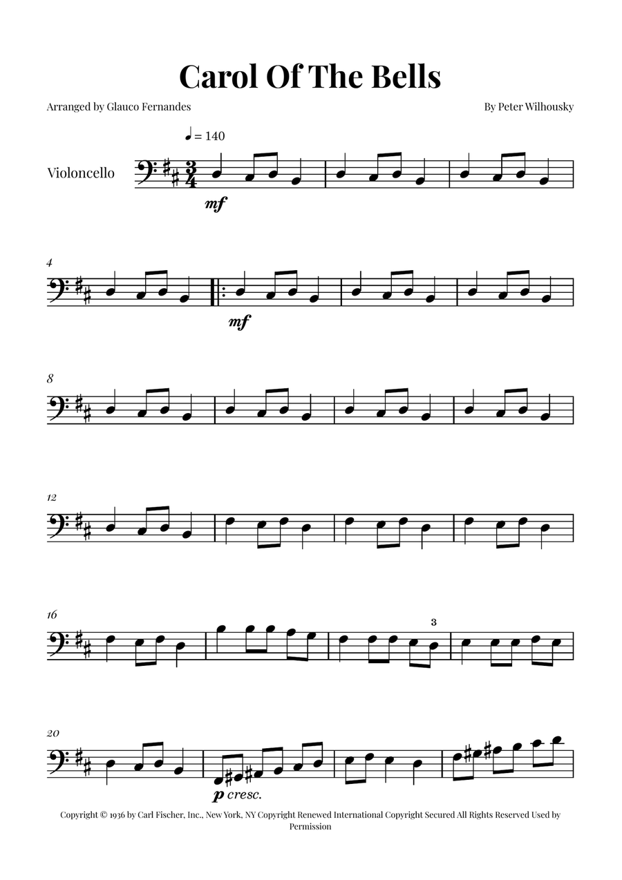 Carol Of The Bells Cello Solo scores gallery preview page 1