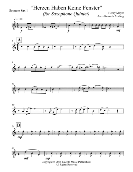 Herzen Haben Keine Fenster (for Saxophone Quintet SATTB or AATTB) image number null