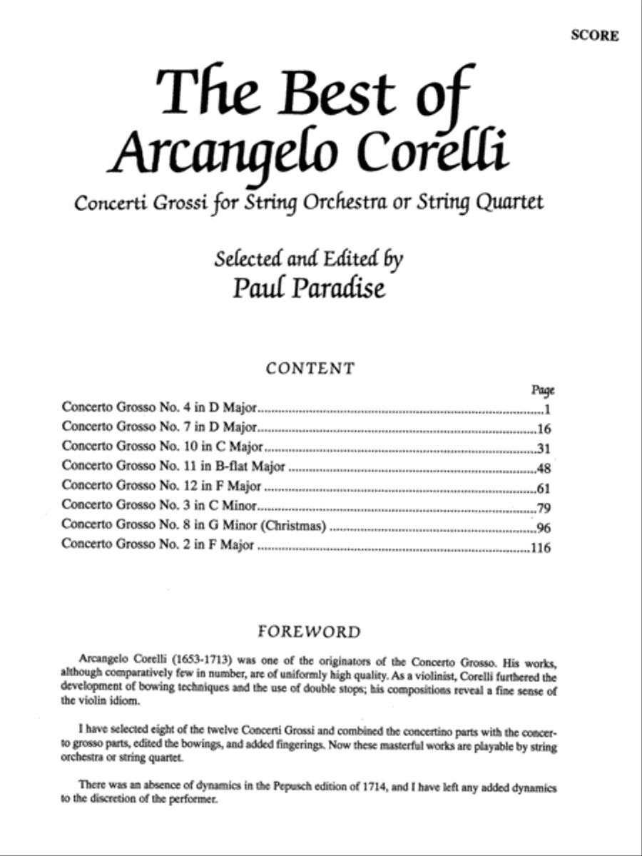 The Best of Arcangelo Corelli (Concerti Grossi for String Orchestra or String Quartet)