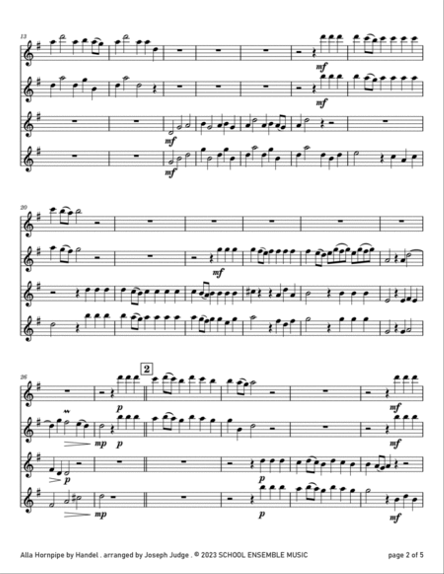 Alla Hornpipe by Handel for Clarinet Quartet in Schools Clarinet Quartet scores gallery preview page 2