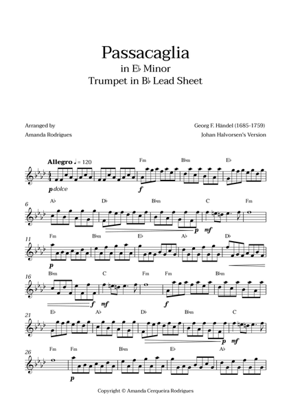 Passacaglia - Easy Trumpet in Bb Lead Sheet in Ebm Minor (Johan Halvorsen's Version) image number null