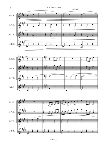 Je te veux, for Saxophone Quartet - Score & Parts