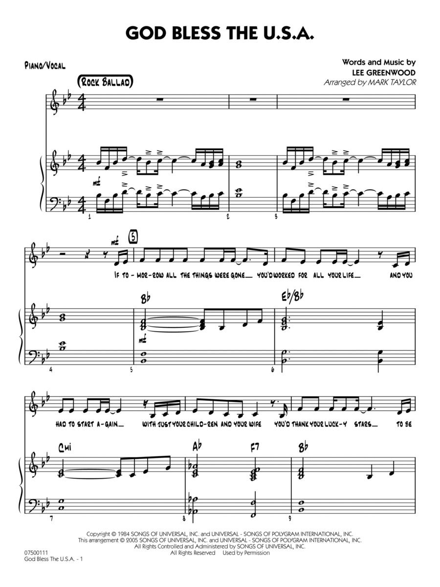 God Bless the U.S.A. (arr. Mark Taylor) - Piano/Vocal Jazz Ensemble scores gallery preview page 1