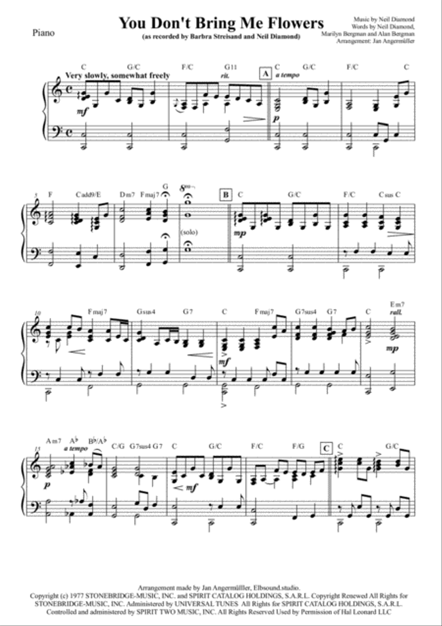 You Don't Bring Me Flowers Piano Solo scores gallery preview page 1