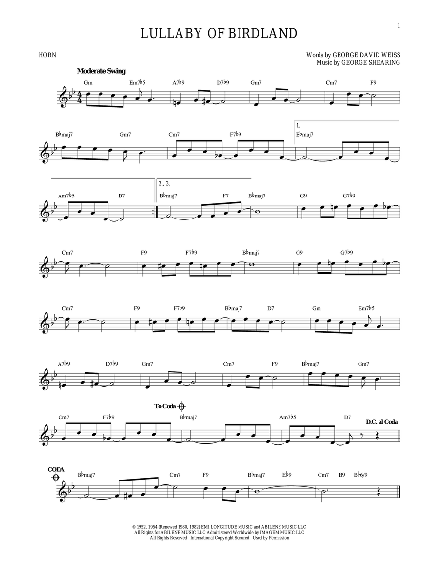 Lullaby Of Birdland Lullaby Of Birdland Horn Solo scores gallery preview page 1