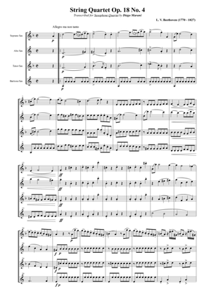 Book cover for String Quartet Op. 18 No. 4 for Saxophone Quartet (SATB)