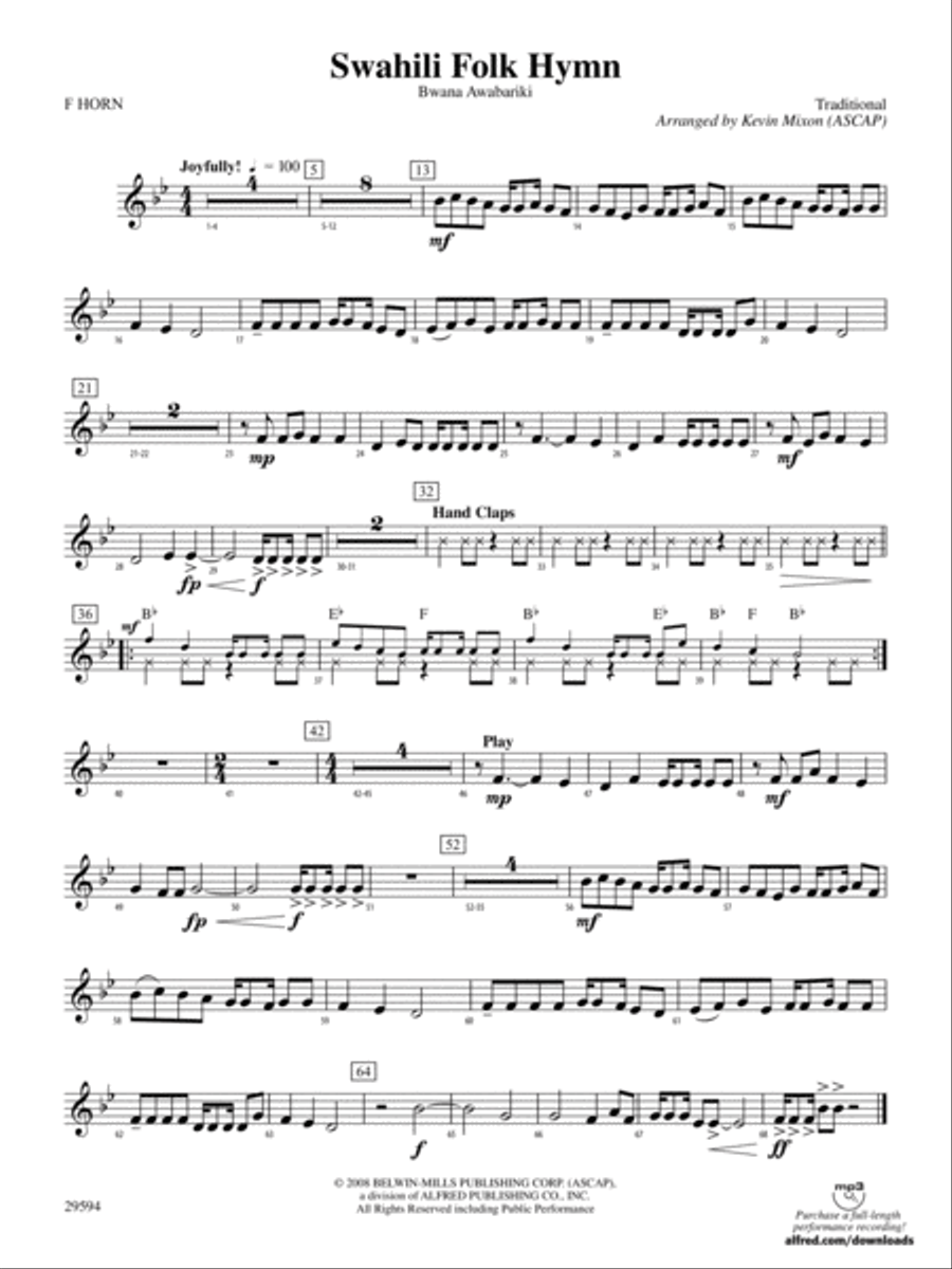 Swahili Folk Hymn (Bwana Awabariki): 1st F Horn Concert Band scores gallery preview page 1