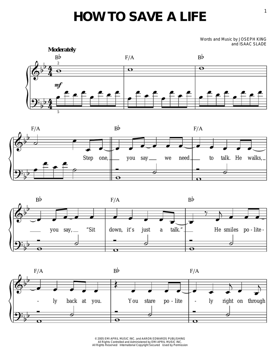 How To Save A Life Easy Piano scores gallery preview page 1
