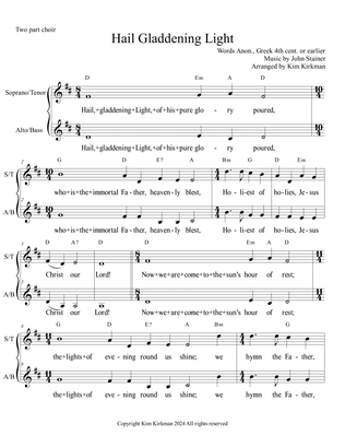 Hail Gladdening Light arranged for two part choir with chords