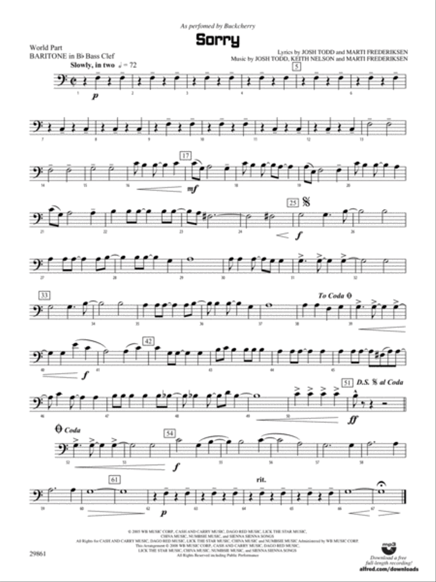 Sorry: (World Part) B-flat Baritone B.C. Concert Band scores gallery preview page 1