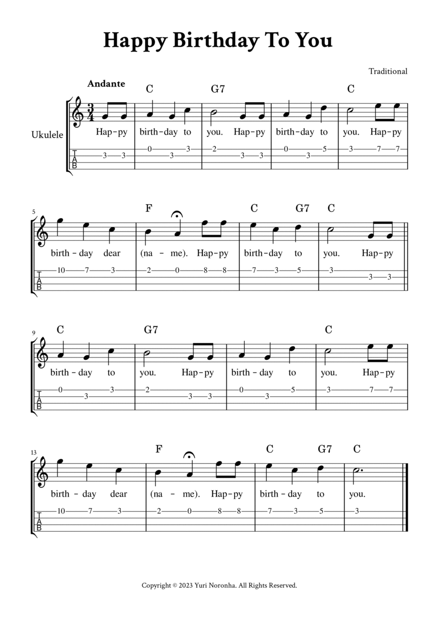 Happy Birthday To You - For Ukulele (C Major - with TAB, Chords and Lyrics) Ukulele scores gallery preview page 1