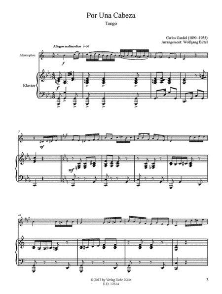 Por Una Cabeza -Tango- (für Altsaxophon und Klavier)