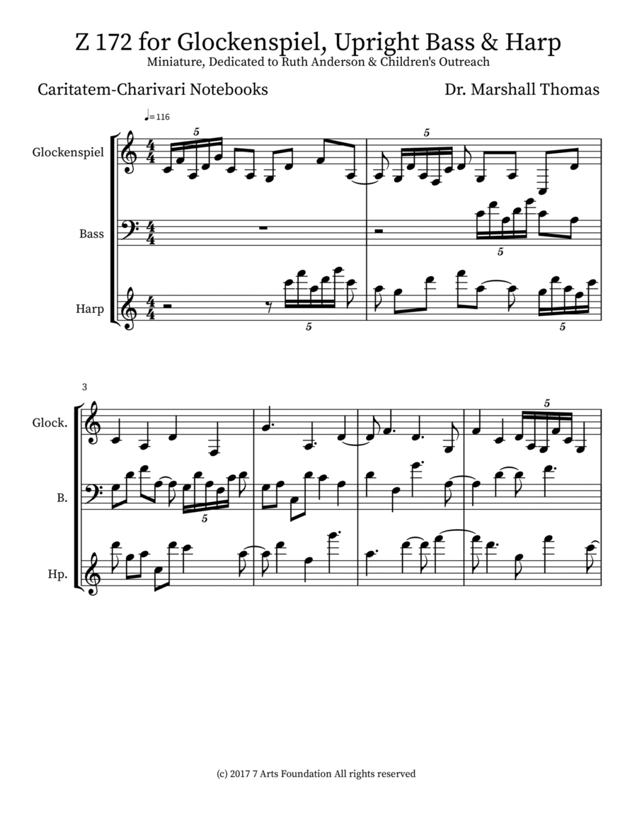Z 172 for Glockenspiel, Upright Bass & Harp Double Bass scores gallery preview page 1