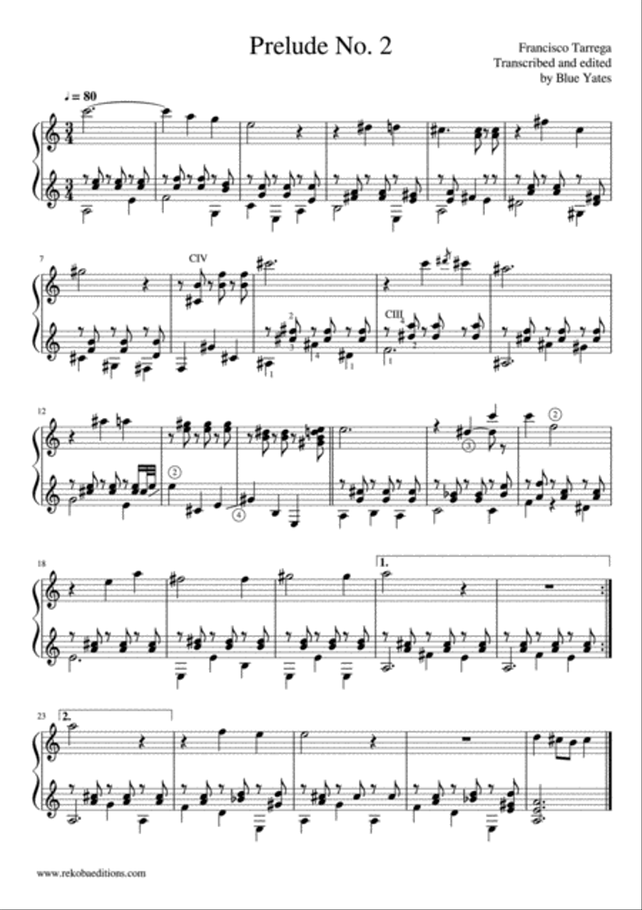 Prelude No. 2 (Francisco Tarrega) Classical Guitar scores gallery preview page 1