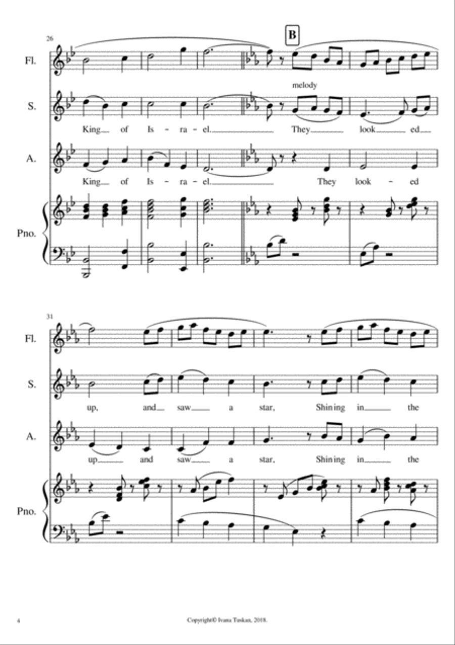 The First Noel for SA solo voices or 2 – part choir, piano and flute. SA scores gallery preview page 4