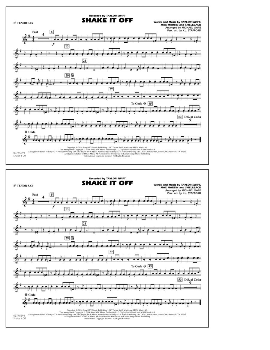 Shake It Off - Bb Tenor Sax Tenor Saxophone scores gallery preview page 1