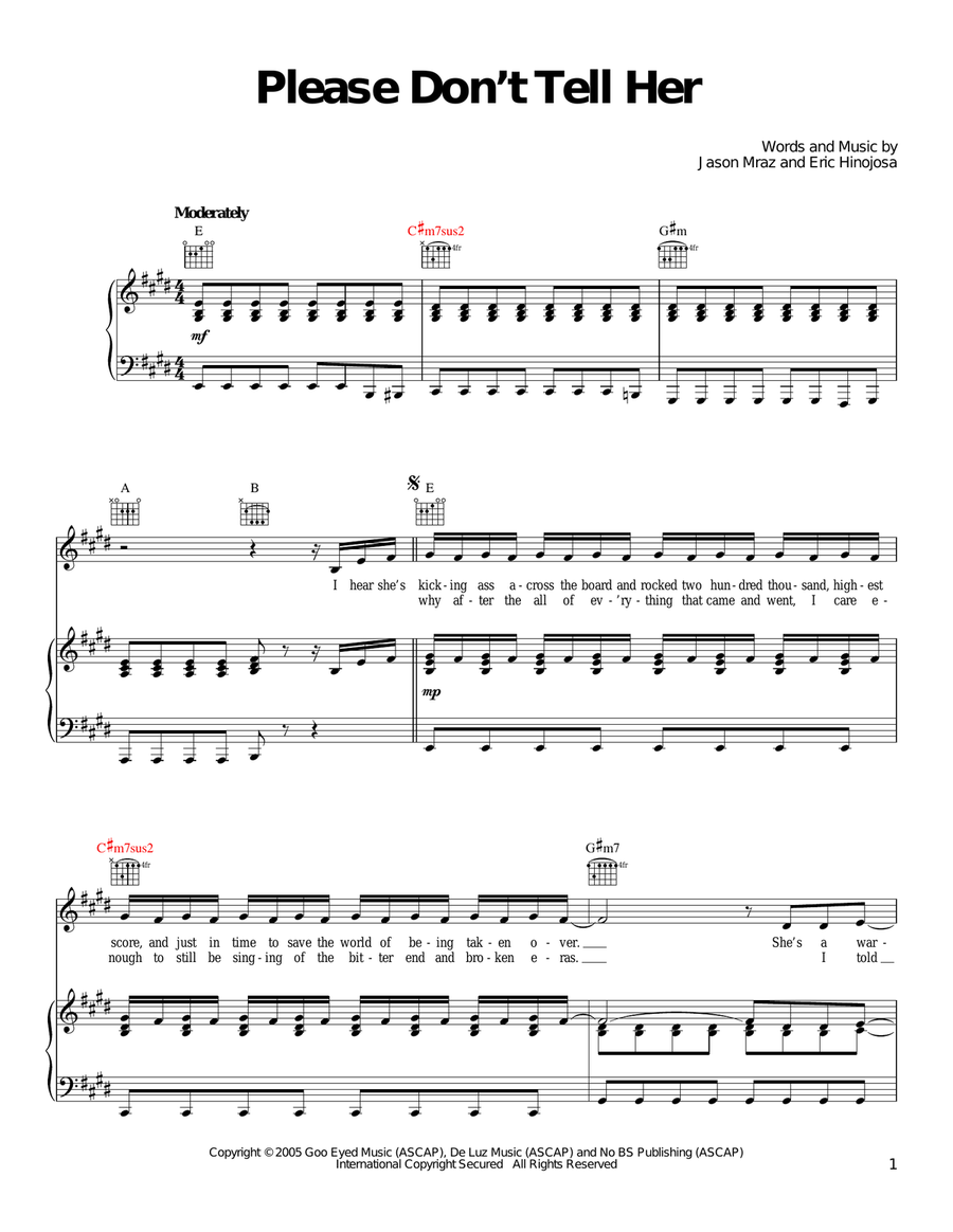 Please Don't Tell Her Piano, Vocal, Guitar scores gallery preview page 1