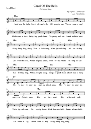 Book cover for Carol Of The Bells (Christmas Song) Lead Sheet in A/F#m