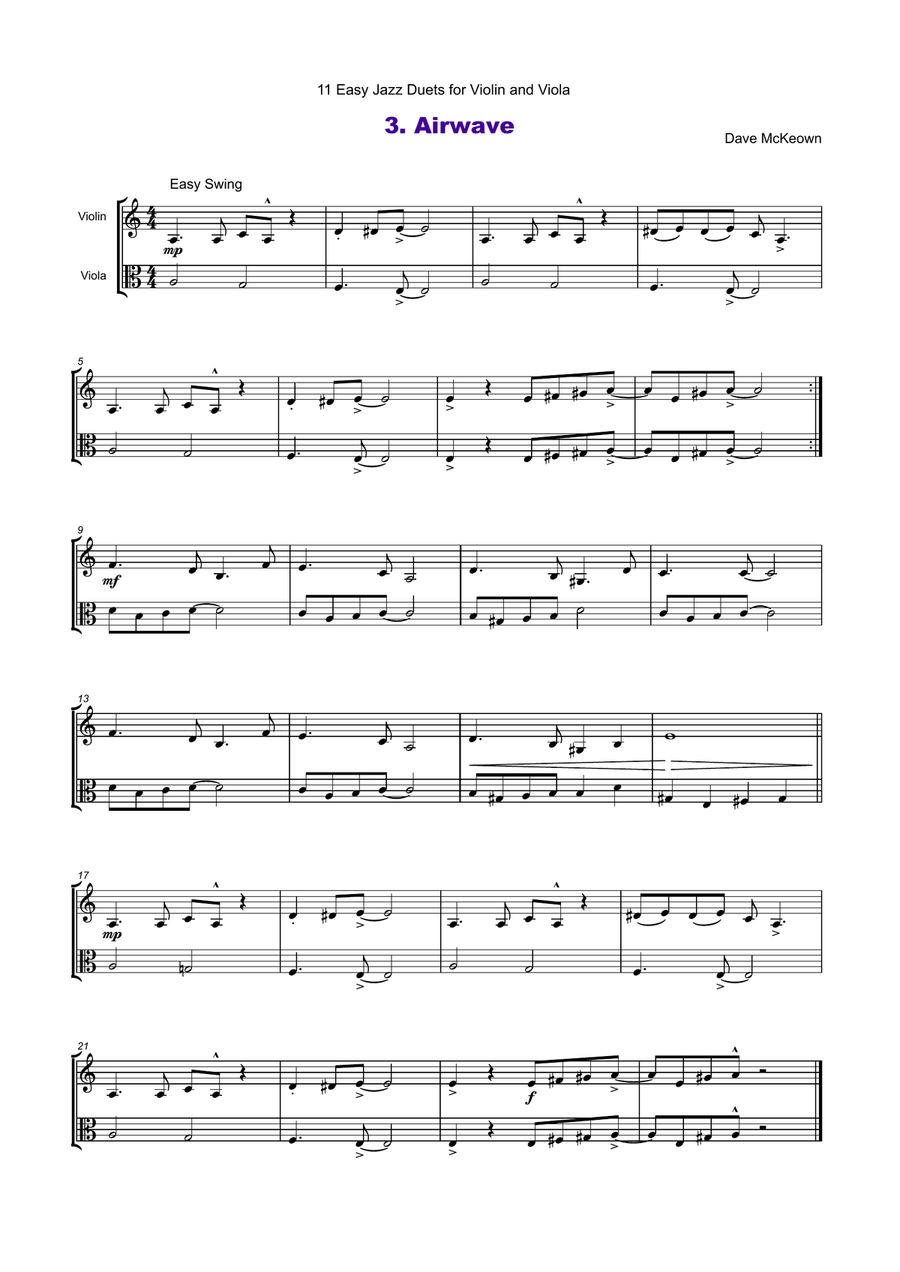 11 Easy Jazz Duets for Violin and Viola String Duet scores gallery preview page 4