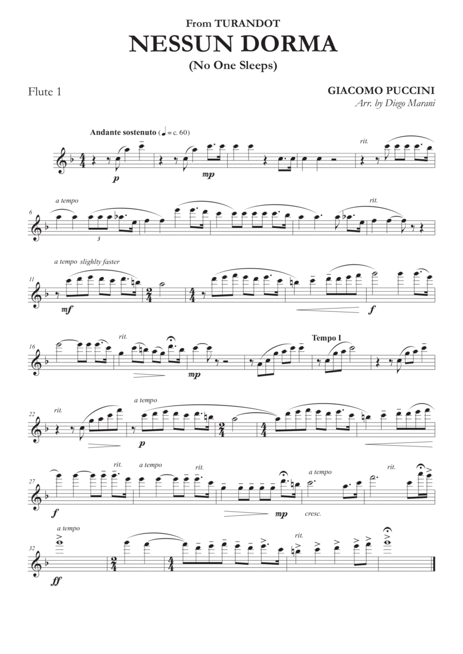 Nessun Dorma for Flute Quartet Flute Quartet scores gallery preview page 1