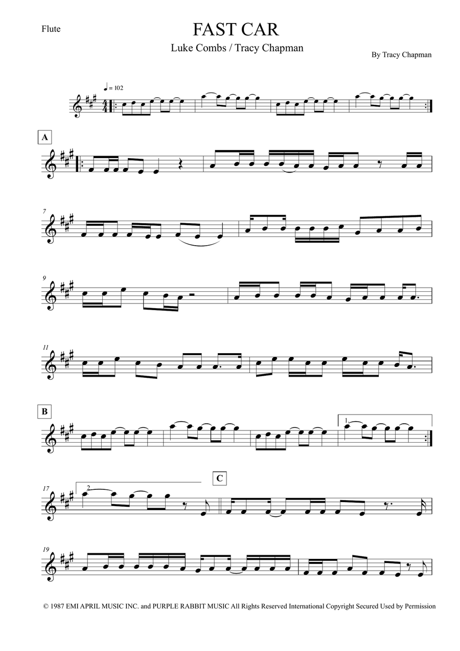 Fast Car Flute Solo scores gallery preview page 1