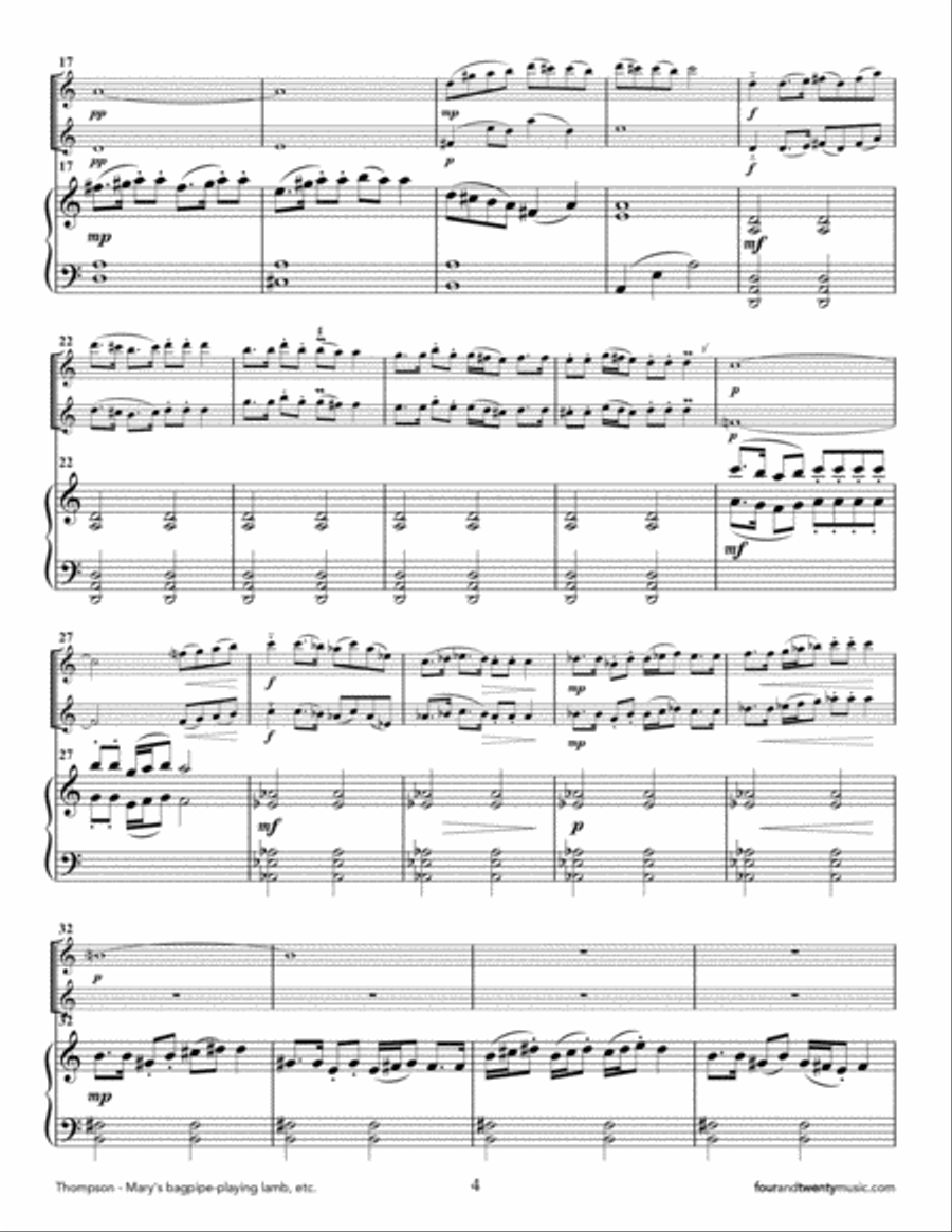 Mary's bagpipe playing lamb joins the kangaroo conga line of Cootamundra, for two flutes and piano Flute Duet scores gallery preview page 4