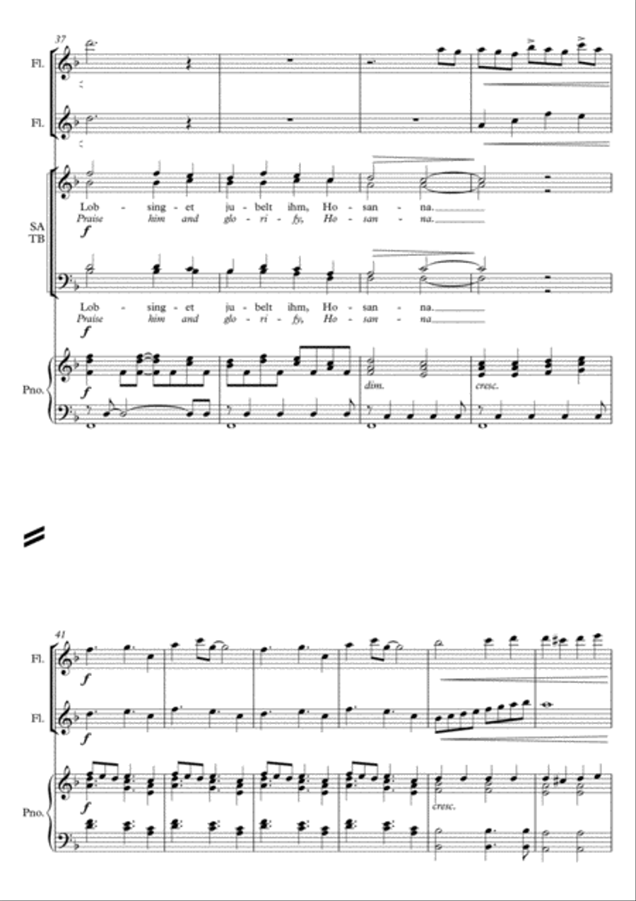 Sanctus / Holy / Heilig 2013 in F (Eng & Gm) for SATB choir, piano and flutes (rhythmic setting) 4-Part scores gallery preview page 5