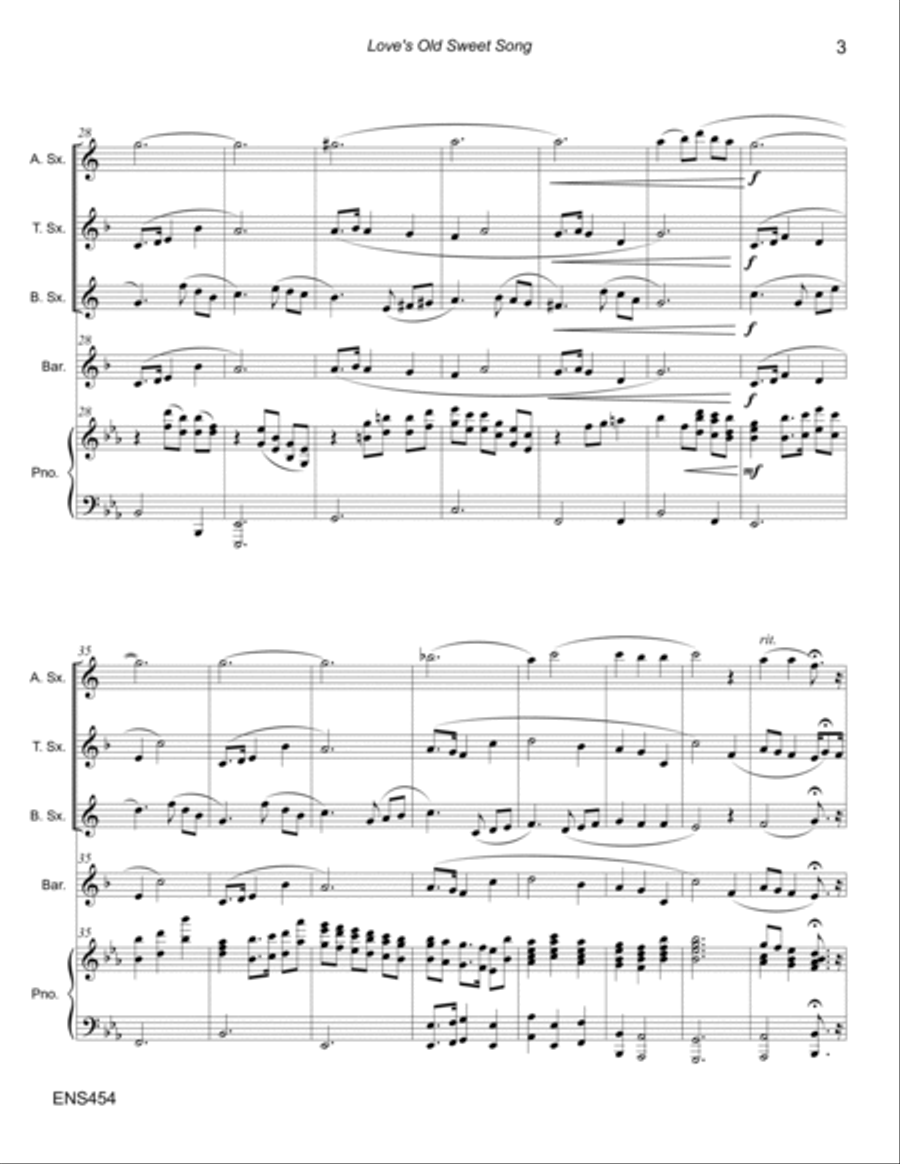 LOVE'S OLD SWEET SONG - Alto, Tenor, Bari Sax and Trombone/Baritone TC with Piano Small Ensemble scores gallery preview page 3